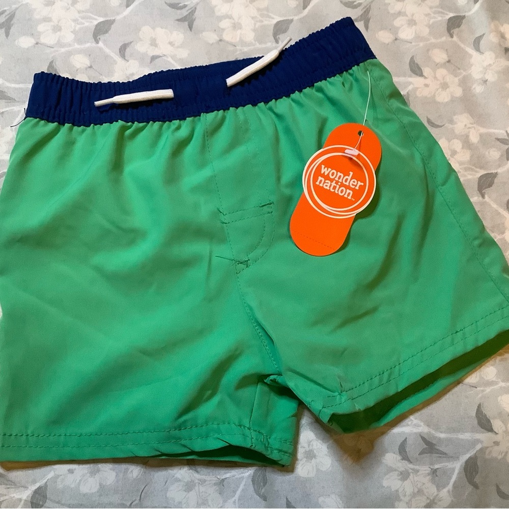 wonder nation Bright Green Swim Shorts with Navy Waistband summer